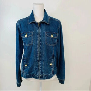 Full Zip Denim Jacket Woman Small Blue Pockets Boxy Oversize Western Boho Travel